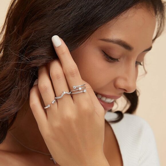 Wedding Band Women Copper Zirconia Stackable Engagement Ring Silver Size 6 - Picture 5 of 6